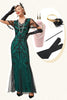 Załaduj obraz do przeglądarki galerii, Zielona Długa Sukienka Retro Lata 20 z Zestawem Akcesoria Lata 20