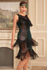 Załaduj obraz do przeglądarki galerii, Błyszcząca Czarny Zielony Cekiny Sukienka Lata 20 z Frędzlami z Zestawem Akcesoria