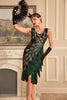 Załaduj obraz do przeglądarki galerii, Ciemnozielona Cekiny Sukienka Lata 20 z Frędzlami z Zestawem Akcesoria