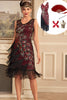 Załaduj obraz do przeglądarki galerii, Błyszcząca Burgundia Cekiny Sukienka Lata 20 z Frędzlami z Zestawem Akcesoria