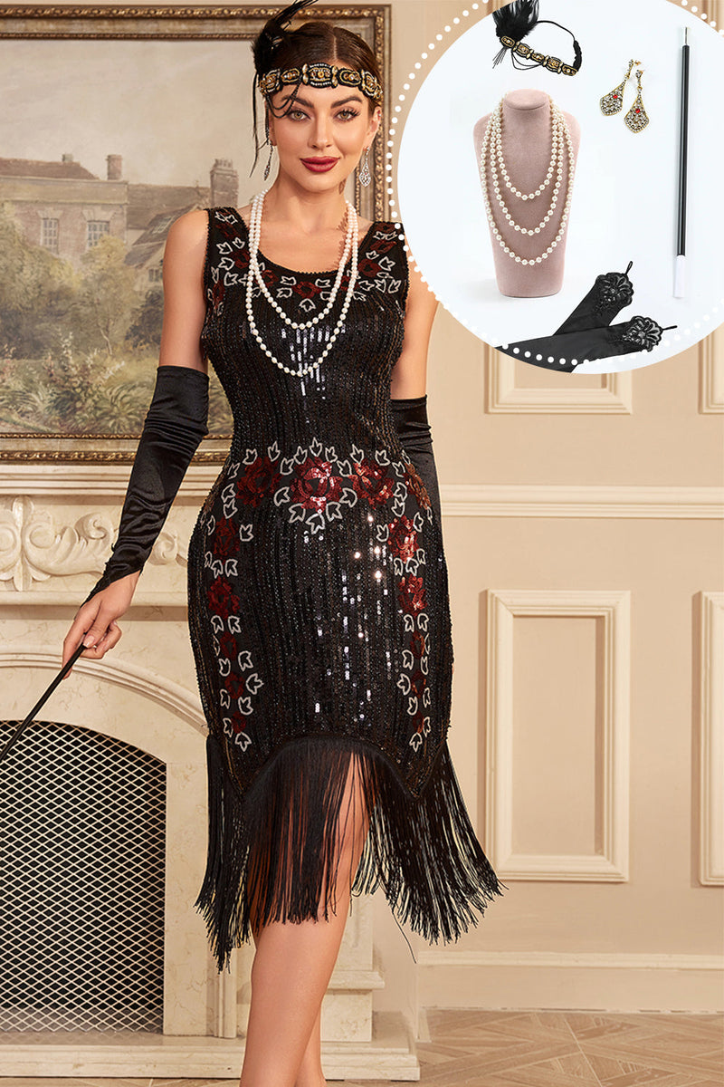 Załaduj obraz do przeglądarki galerii, Błyszcząca Czarny Cekiny Sukienka Lata 20 z Frędzlami z Zestawem Akcesoria