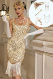 Bodycon Apricot Sequins Spaghetti Straps Sukienka z frędzli w stylu midi z lat 20. XX wieku z 5-częściowymi dodatkami