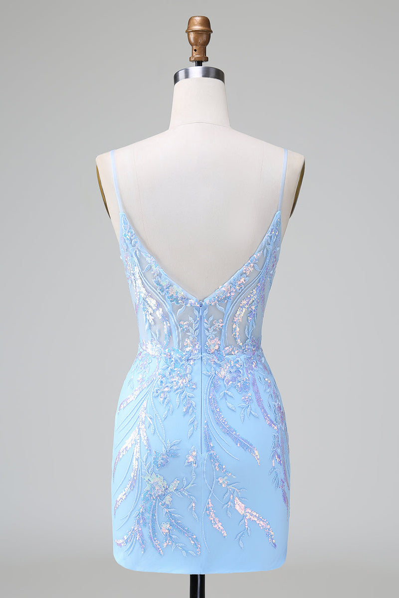 Załaduj obraz do przeglądarki galerii, Niebieski cekinowy gorset z odkrytymi plecami krótka sukienka z haftem