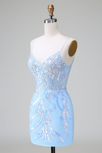 Niebieski cekinowy gorset z odkrytymi plecami krótka sukienka z haftem