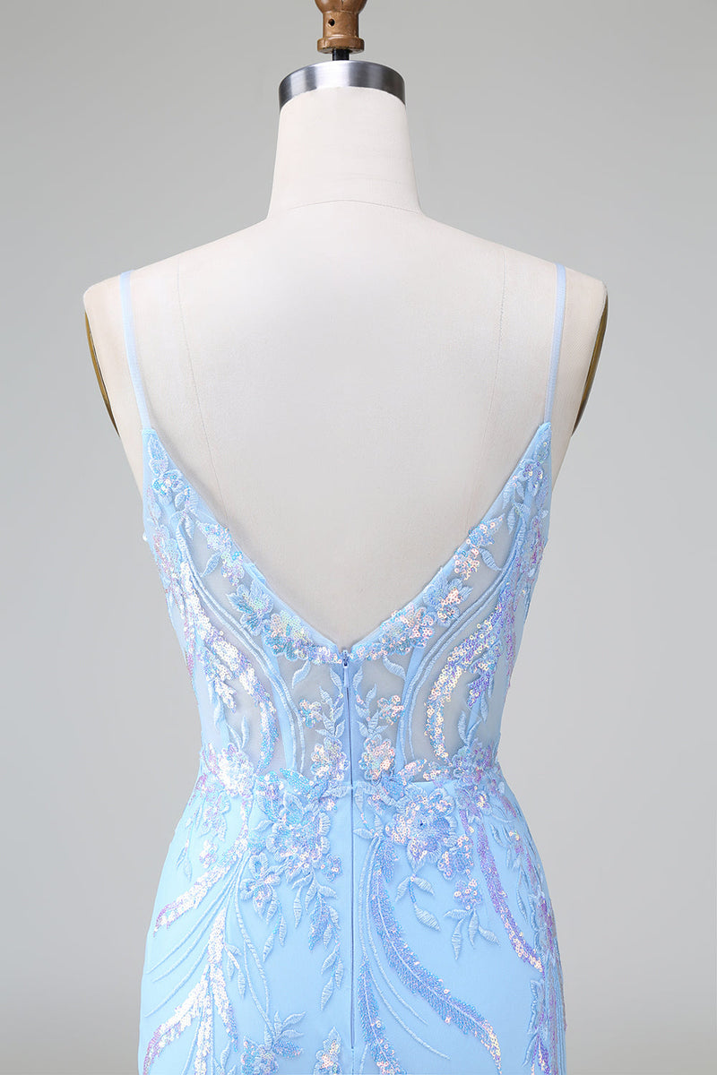 Załaduj obraz do przeglądarki galerii, Niebieski cekinowy gorset z odkrytymi plecami krótka sukienka z haftem