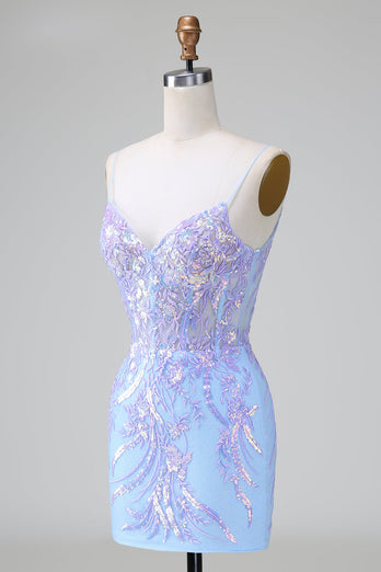 Niebieski cekinowy gorset z odkrytymi plecami krótka sukienka z haftem