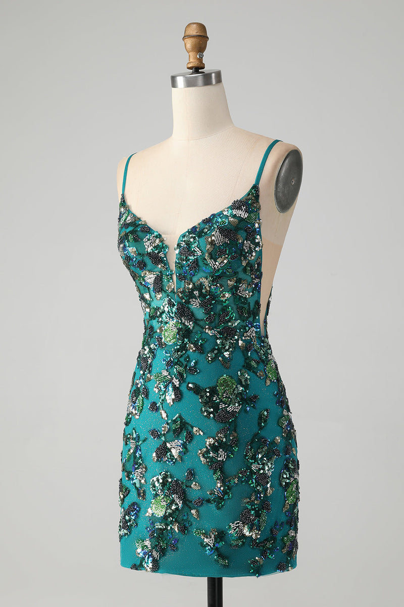 Załaduj obraz do przeglądarki galerii, Błyszcząca ciemnozielona sukienka z cekinami z koralikami Bodycon Homecoming z koronkowym tyłem