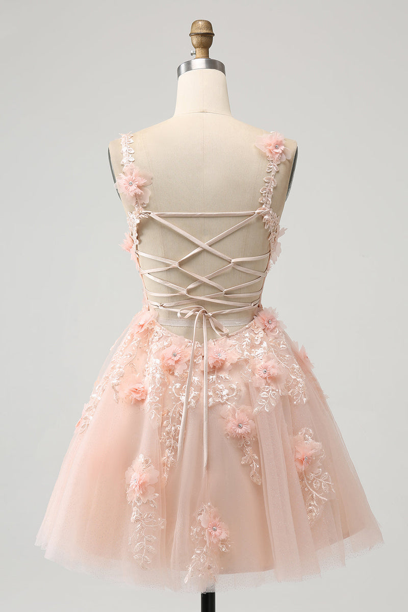 Załaduj obraz do przeglądarki galerii, Błyszcząca Różowa Cekinowa Krótka Sukienki Koktajlowe Z Kwiatami 3d