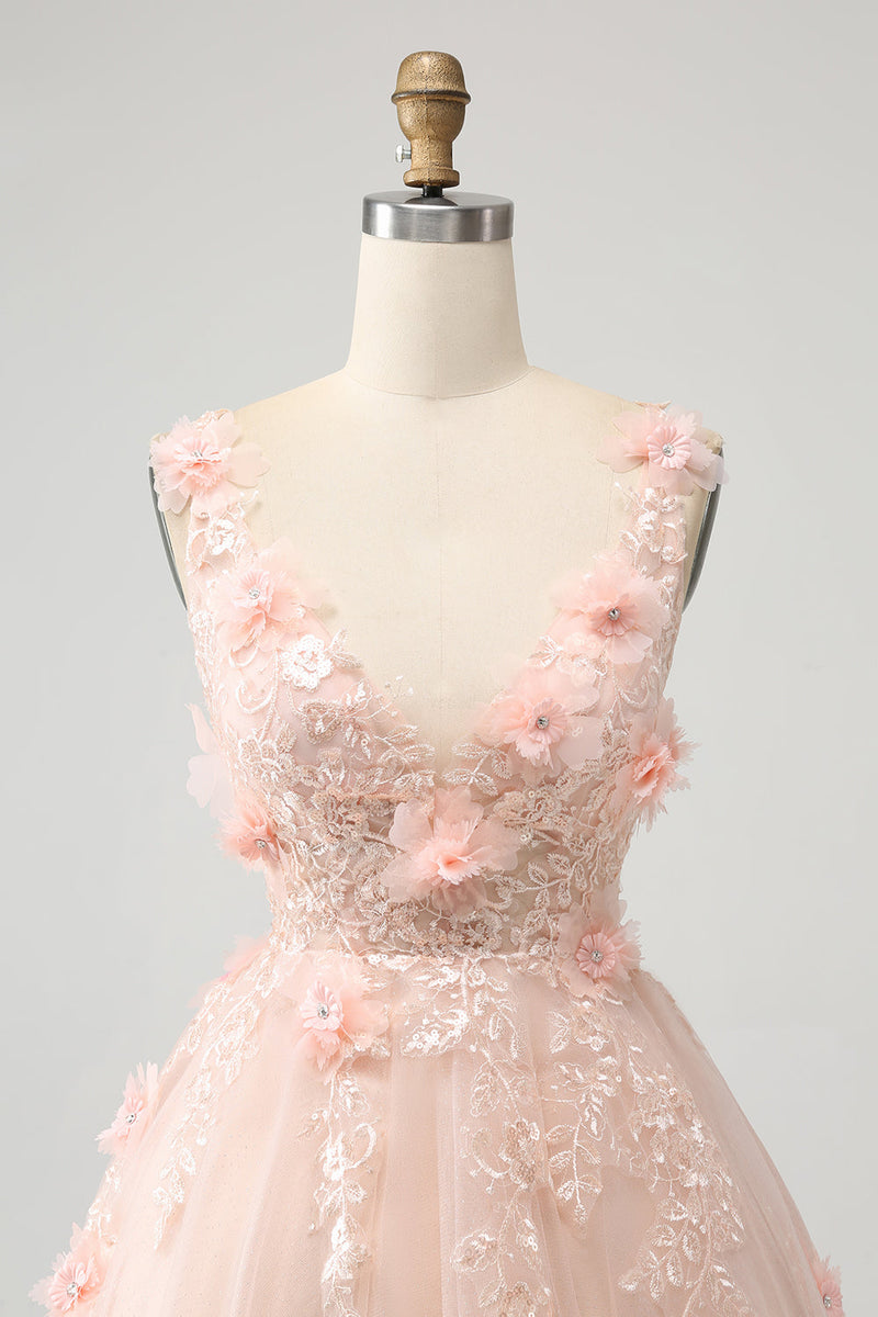 Załaduj obraz do przeglądarki galerii, Błyszcząca Różowa Cekinowa Krótka Sukienki Koktajlowe Z Kwiatami 3d