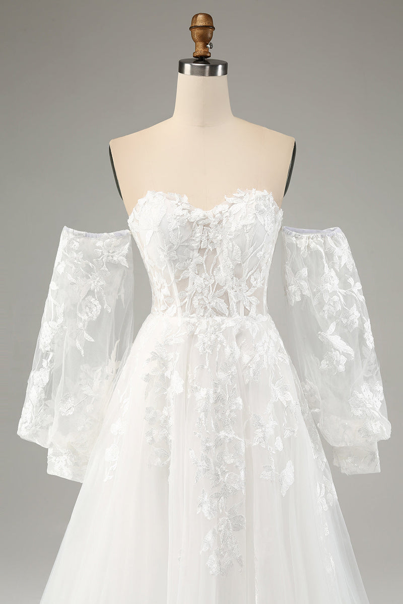 Załaduj obraz do przeglądarki galerii, Biała Tiulowa Suknia Ślubna Z Długimi Rękawami Z Aplikacjami