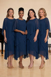 Granatowy szyfon, A-line Boat Neck Midi Choir Dress
