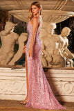 Błyszcząca Różowa Cekinowe Syrenka Bez Ramiączek Długa Sukienka Na Studniówkę z Frędzlami