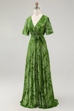 Ciemnozielony Aksamit Dekolt V Długa Sukienki Na Wesele z Rękawy