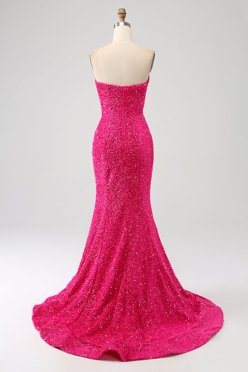 Załaduj obraz do przeglądarki galerii, Bling Syrenka Kochanie Gorący Różowy Cekiny Długa Sukienka Na Studniówkę
