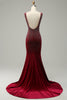 Załaduj obraz do przeglądarki galerii, Syrena Dekolt V Burgundia Sukienki Na Studniówke z Koralikami