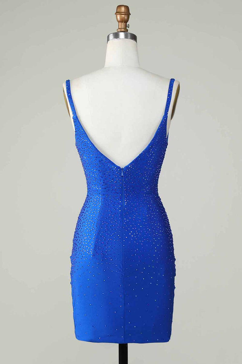 Załaduj obraz do przeglądarki galerii, Dekolt V Królewska Niebieska Sukienki Koktajlowe z Koralikami