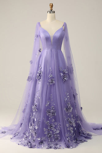 Fioletowa Sukienka Na Studniówkę Watteau Train Z Kwiatami 3D