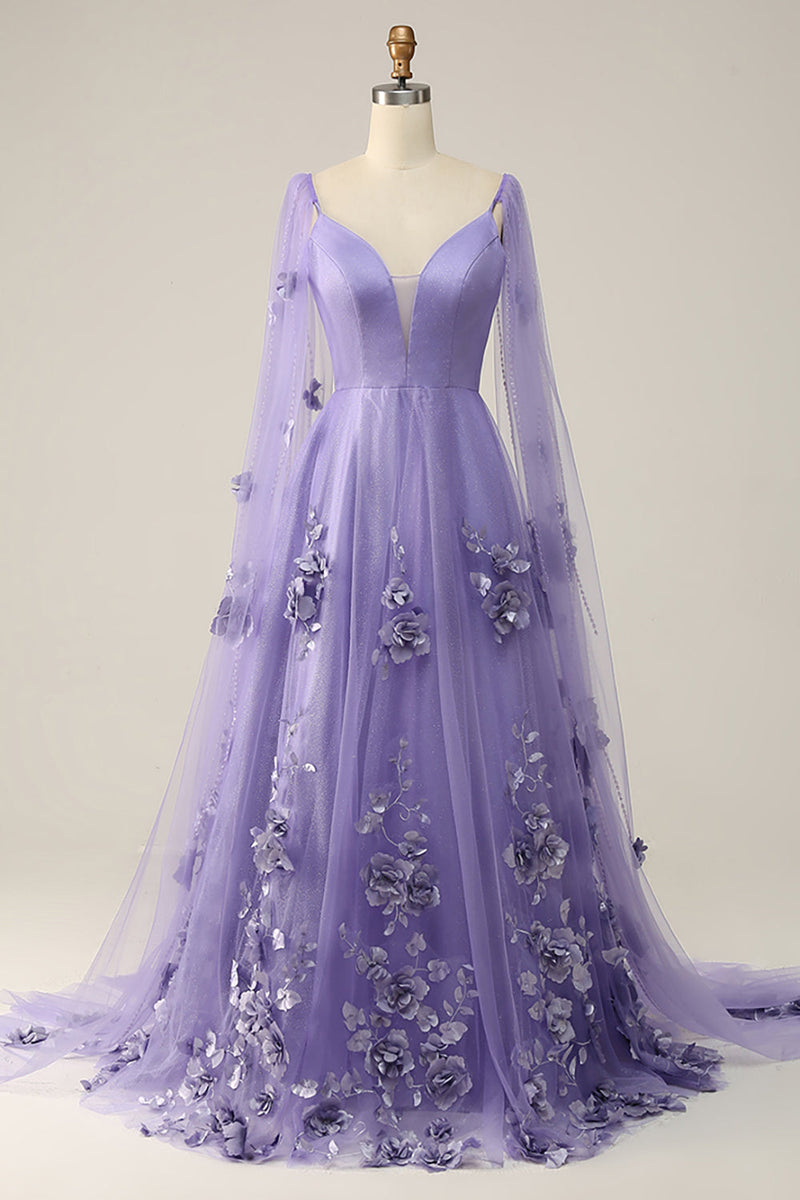 Załaduj obraz do przeglądarki galerii, Fioletowa Sukienka Na Studniówkę Watteau Train Z Kwiatami 3D