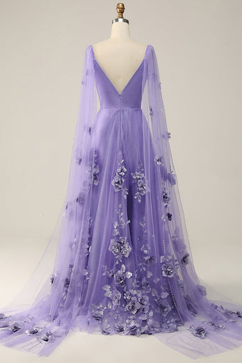 Fioletowa Sukienka Na Studniówkę Watteau Train Z Kwiatami 3D