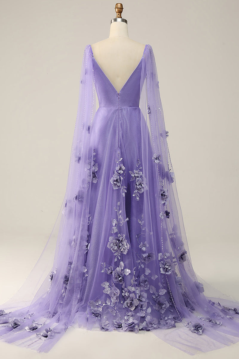 Załaduj obraz do przeglądarki galerii, Fioletowa Sukienka Na Studniówkę Watteau Train Z Kwiatami 3D