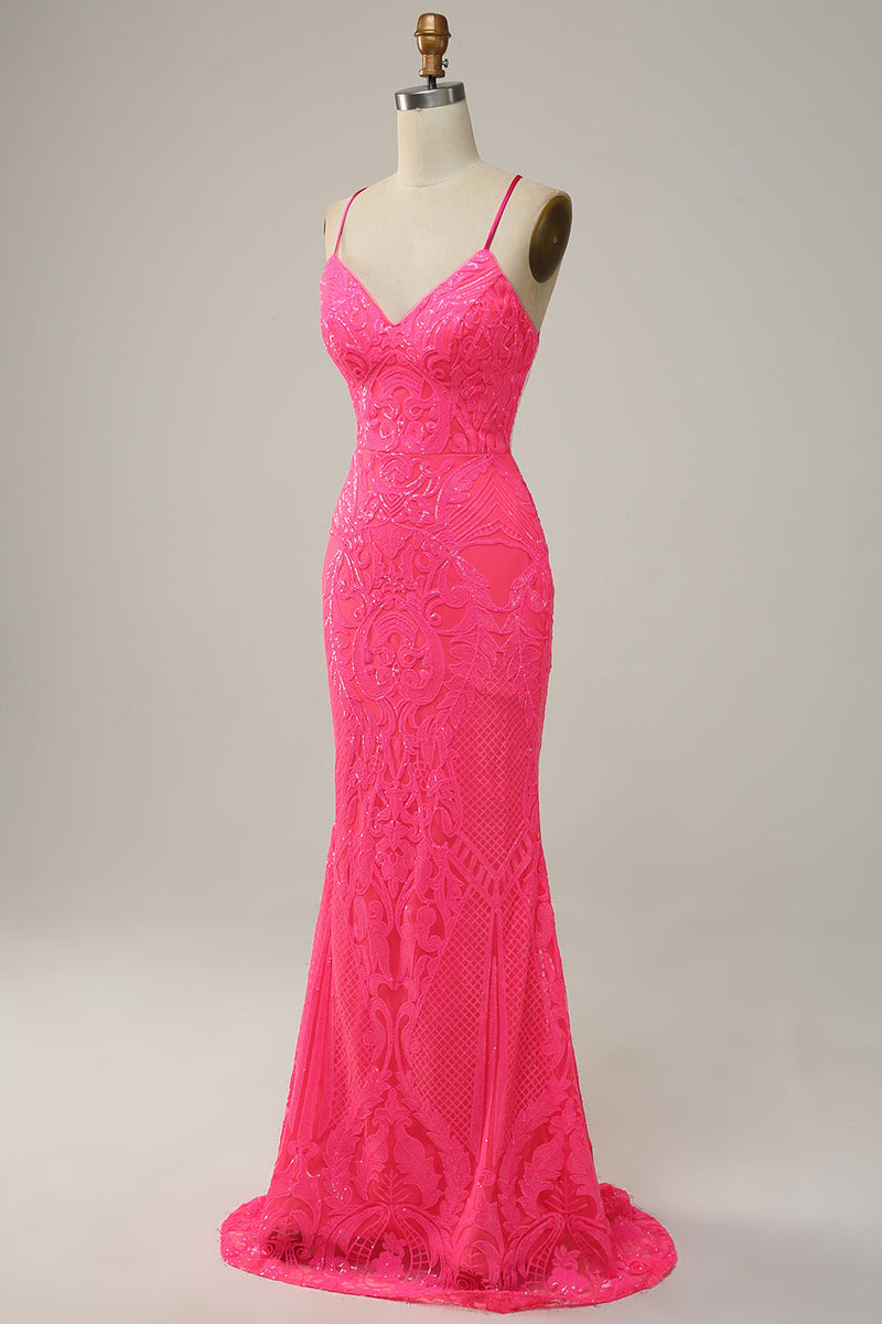 Załaduj obraz do przeglądarki galerii, Syrena Cienkich Ramiączkach Cekinowa Gorący Różowy Długa Sukienki Na Studniówke