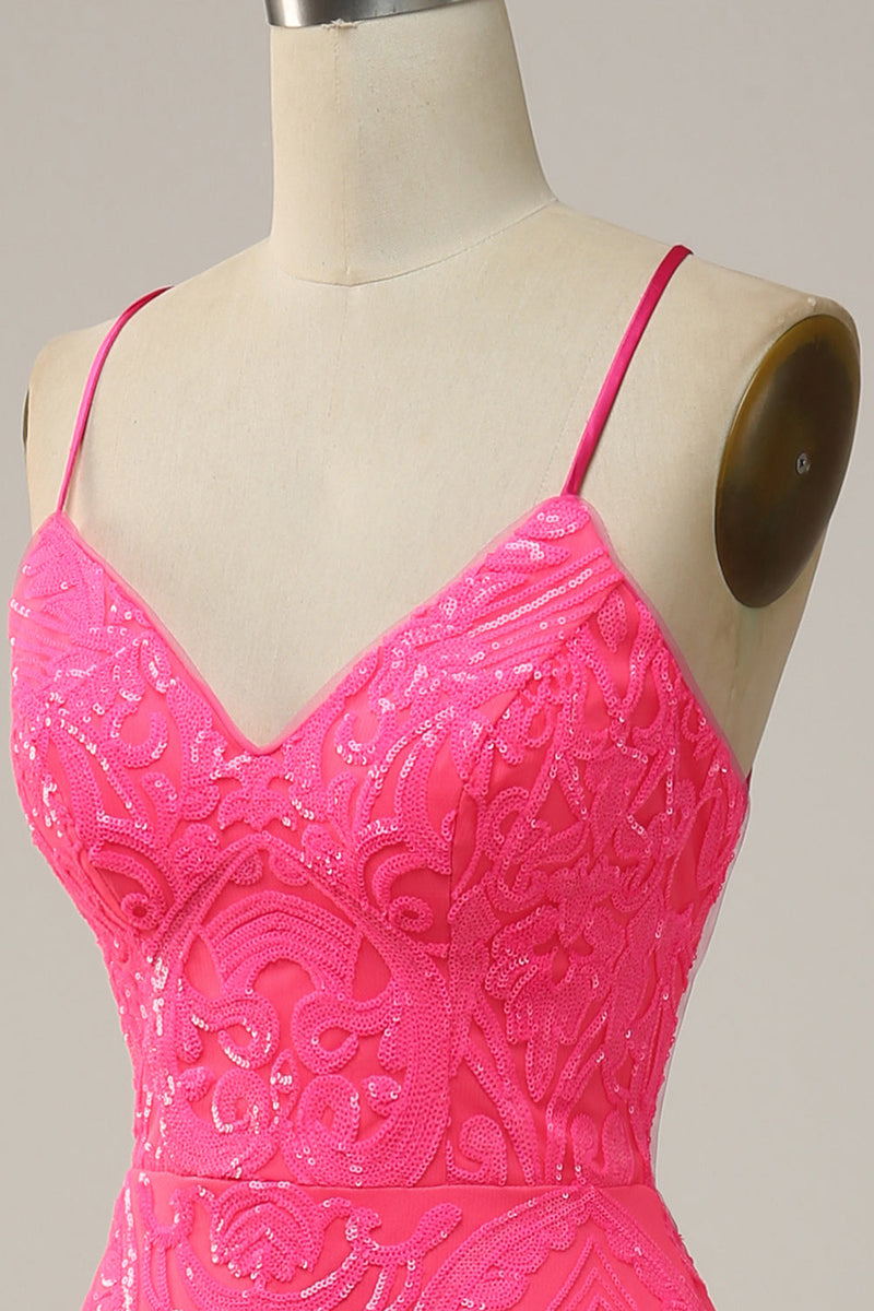 Załaduj obraz do przeglądarki galerii, Syrena Cienkich Ramiączkach Cekinowa Gorący Różowy Długa Sukienki Na Studniówke