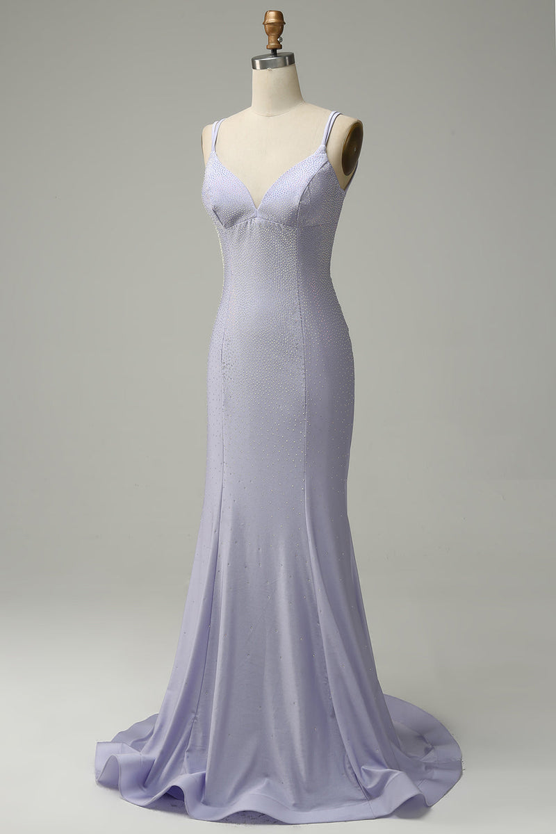 Załaduj obraz do przeglądarki galerii, Syrena Cienkich Ramiączkach Liliowa Długa Sukienki Na Studniówke Bez Pleców