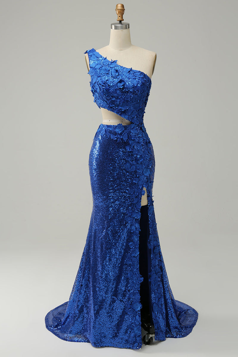 Załaduj obraz do przeglądarki galerii, Syrena Królewska Niebieska Sukienki Na Studniówke z Rozcięciem