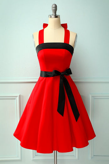 Czerwona/Czarna Sukienka z dekoltem Halter Pin Up