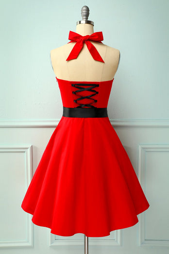 Czerwona/Czarna Sukienka z dekoltem Halter Pin Up