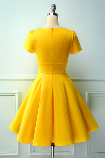 Żółta Krótki Rękaw Sukienki Lata 50