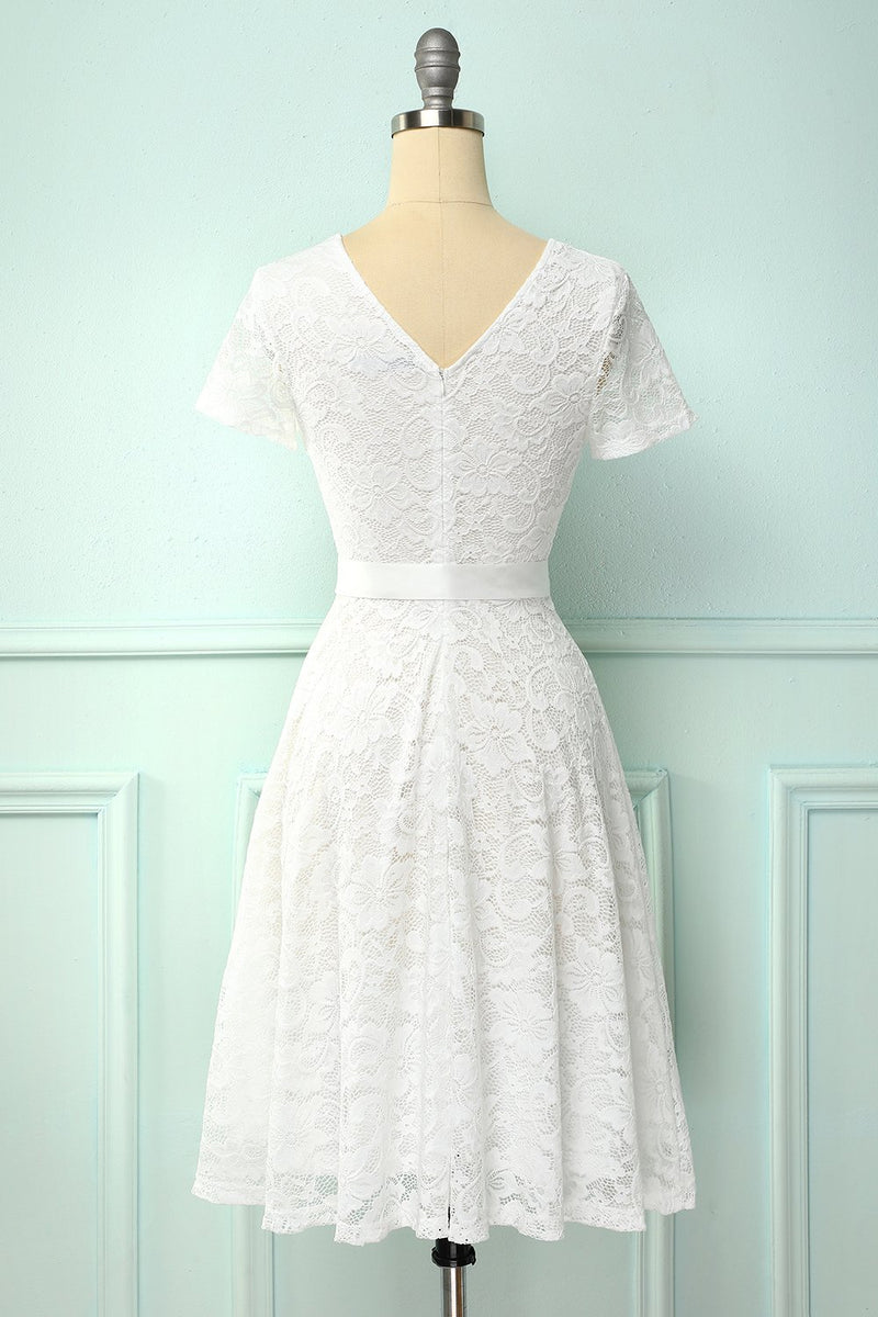 Załaduj obraz do przeglądarki galerii, Biały Sukienki Koronkowe z Krótkimi Rękawami