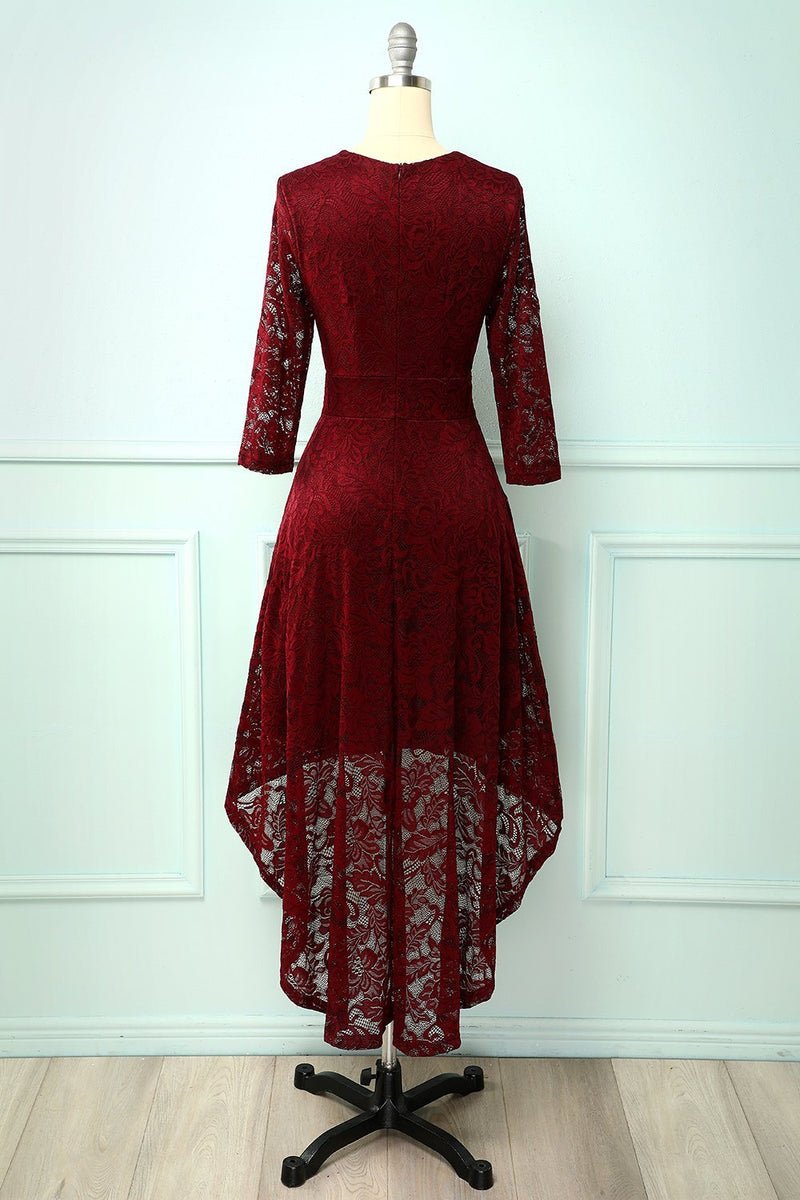 Załaduj obraz do przeglądarki galerii, Bordowa Asymetryczne Sukienki Koronkowe Z Dlugim Rekawem