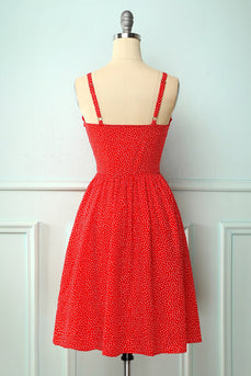 Czerwona Kwiecista Sukienka Z Guzikiem Vintage