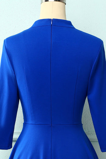 Sukienka Vintage z Rękawami w kolorze Królewski Błękit