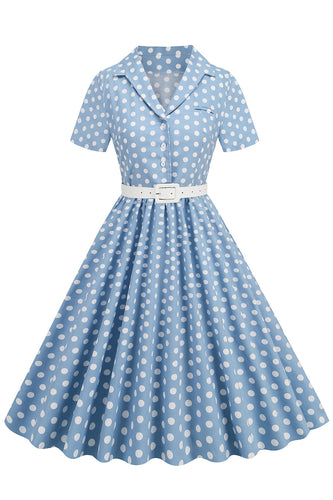 Niebieska Sukienka W Kropki W Stylu Hepburn Z Lat 50. Z Dekoltem W Serek