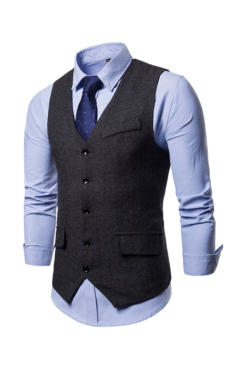 Załaduj obraz do przeglądarki galerii, Jednorzędowe kamizelki w serek w serek Black Men&#39;s Suit Vests