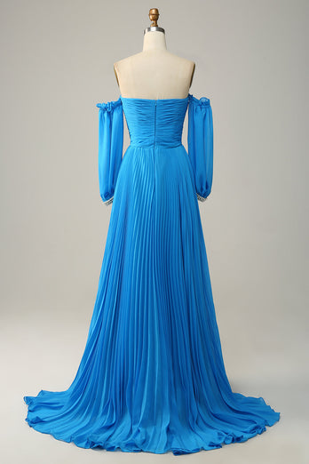 Niebieska Długa Sukienka Na Studniówkę z Koralikami