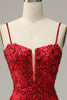 Załaduj obraz do przeglądarki galerii, Cienkich Ramiączkach Czerwona Cekinowa Syrenka Sukienki Na Studniówke Z Rozcięciem