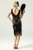Załaduj obraz do przeglądarki galerii, Czarna Cekiny Sukienka Lata 20 Wielki Gatsby z Frędzlami