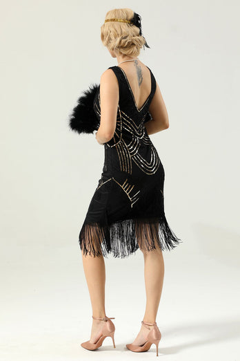 Czarna Cekiny Sukienka Lata 20 Wielki Gatsby z Frędzlami