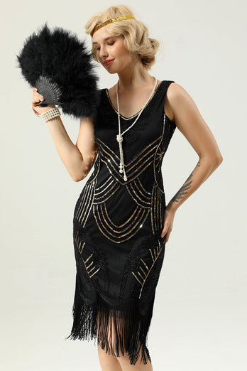 Czarna Cekiny Sukienka Lata 20 Wielki Gatsby z Frędzlami