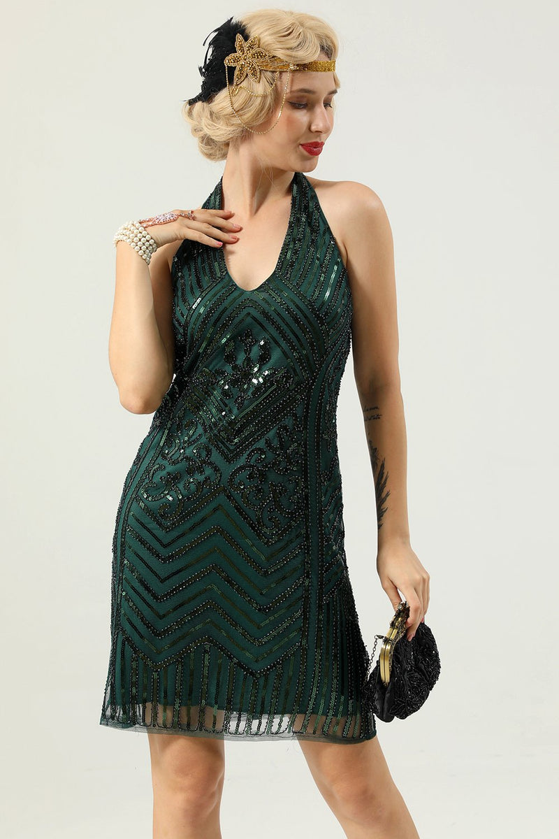 Załaduj obraz do przeglądarki galerii, Halter Zielone cekiny 1920 sukienka