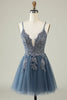 Załaduj obraz do przeglądarki galerii, Linia Cienkich Ramiączkach Szaroniebieska Krótka Sukienka Do Domu Z Aplikacjami