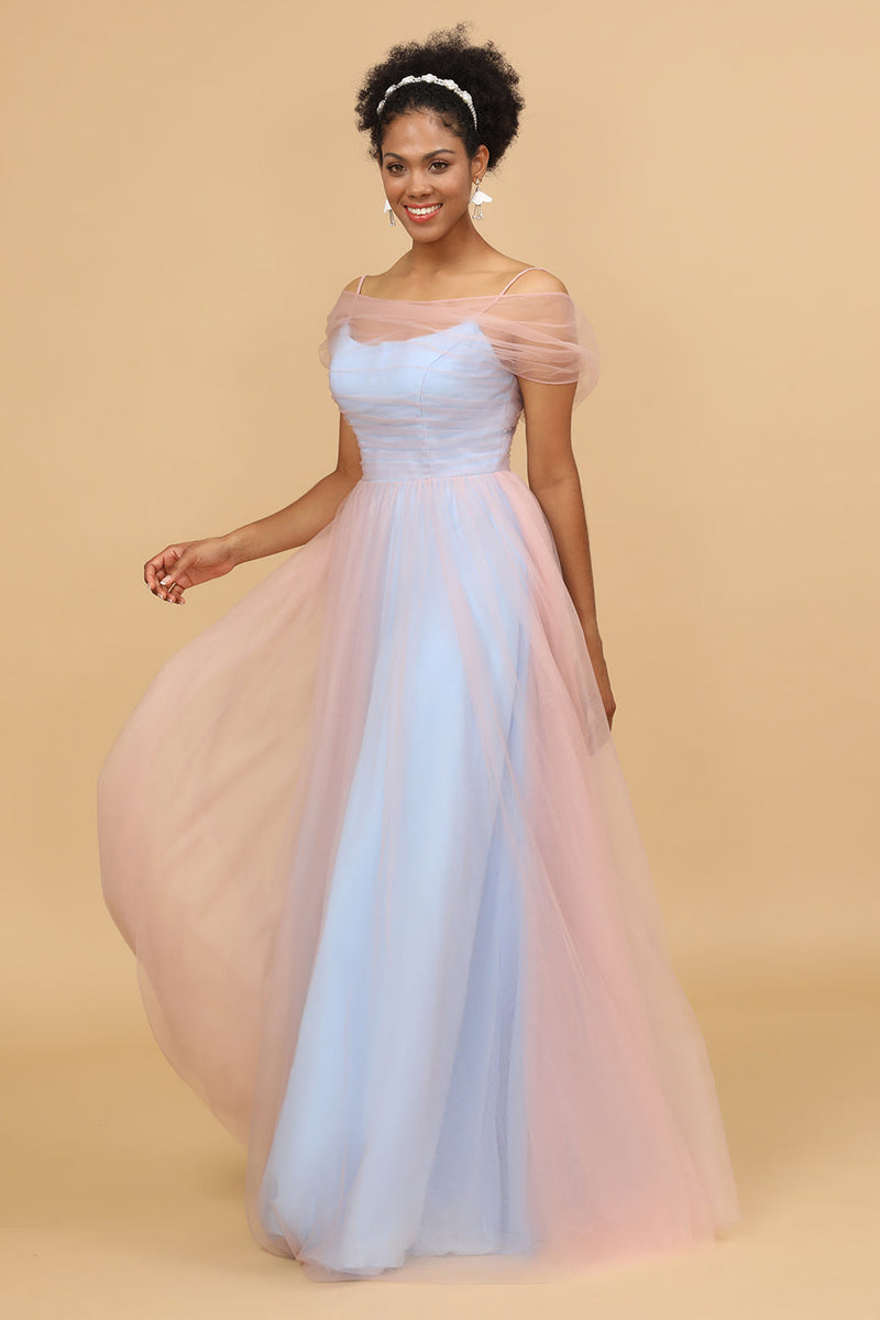Załaduj obraz do przeglądarki galerii, Różowo Niebieska Cienkich Ramiączkach Tiulowa Długa Suknia Druhny