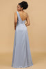Załaduj obraz do przeglądarki galerii, Szaro Niebieska Satynowa Długa Suknia Druhny