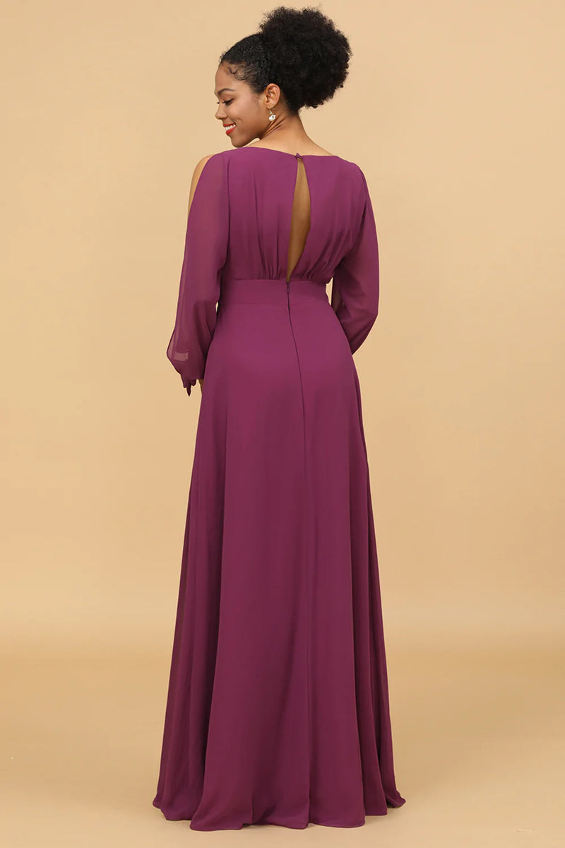 Załaduj obraz do przeglądarki galerii, Fioletowy Szyfonowe Sukienka Długa Dla Druhny Z Dlugim Rekawem