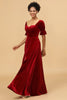 Załaduj obraz do przeglądarki galerii, Czerwona Aksamitna Sukienka Dla Druhny Z Rozcięciem