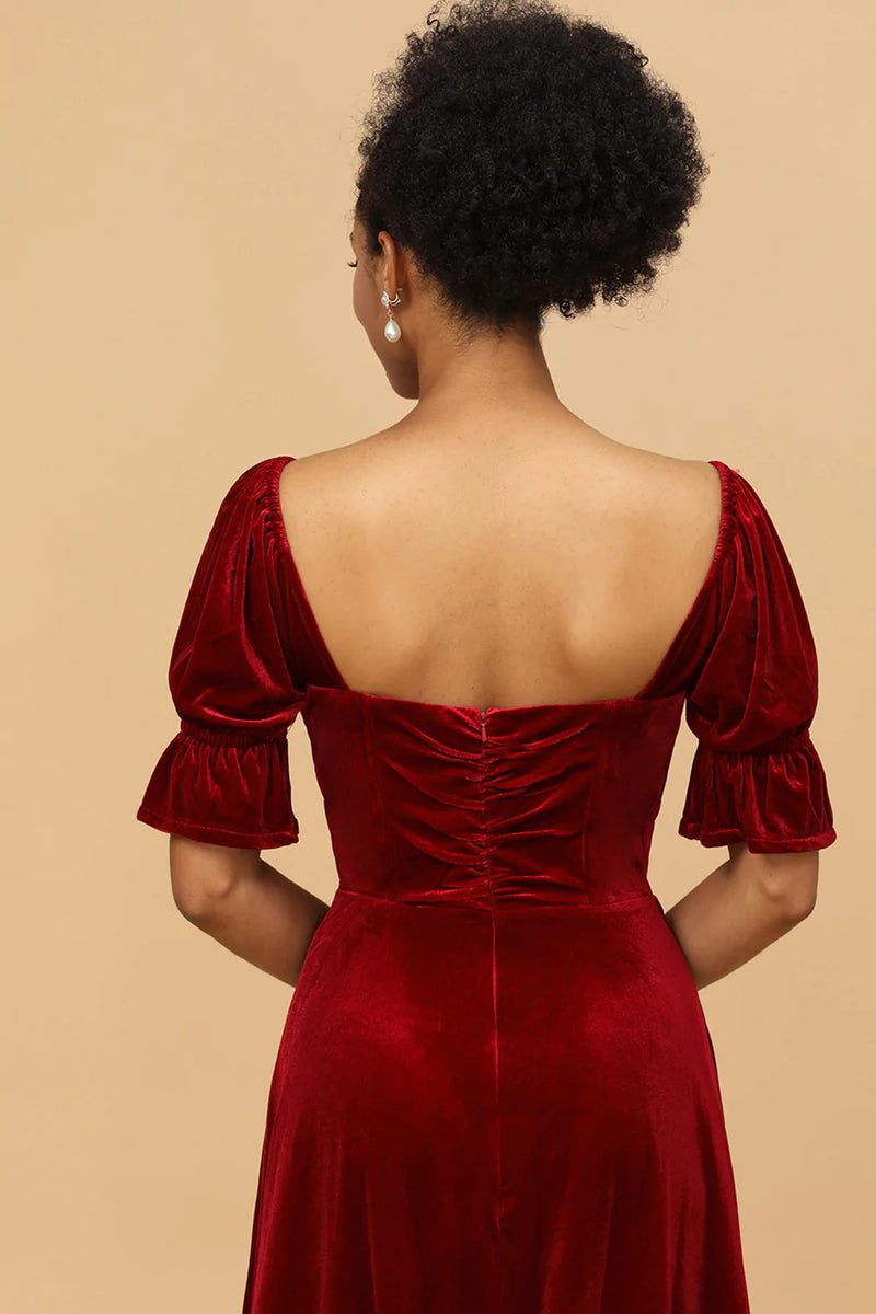 Załaduj obraz do przeglądarki galerii, Czerwona Aksamitna Sukienka Dla Druhny Z Rozcięciem