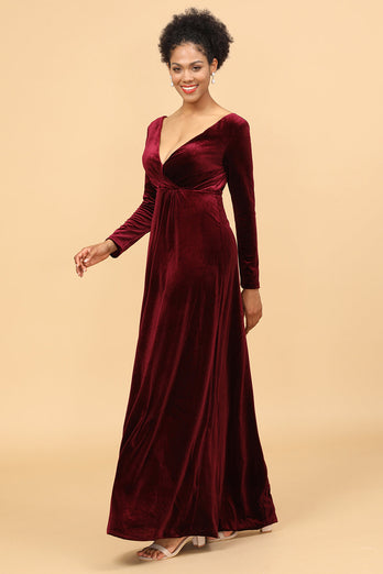 Pochwa Burgundy Deep V-Neck Długie Rękawy Aksamitna Sukienka Druhny